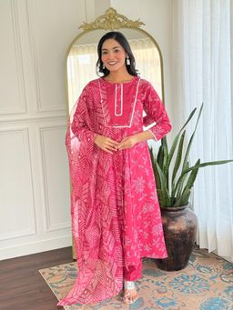 Gahan - Pink Printed Rayon Anarkali Kurta with Pant & Dupatta