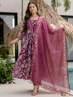 Gahan - Wine Rayon Printed Flared Anarkali Kurta with Pant & Dupatta