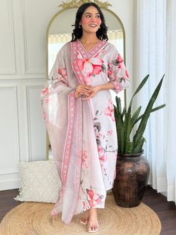 Gahan - Grey Printed Rayon Straight Kurta with Pant & Dupatta