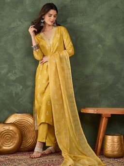 Gahan - Yellow Rayon Embroidered and Printed Straight Kurta with Pant & Dupatta
