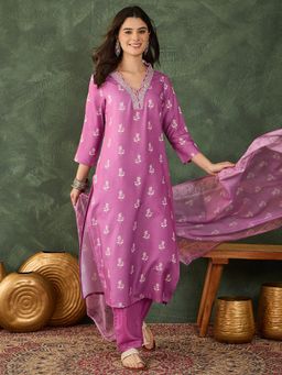 Gahan - Lavender Rayon Embroidered and Printed Straight Kurta with Pant & Dupatta