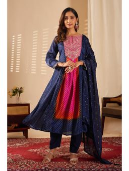 Gahan - Navy Blue Bandhani Printed Embroidered Flared Kurta with Pant & Dupatta