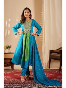 Gahan - Blue Bandhani Printed Embroidered Flared Kurta with Pant & Dupatta
