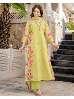 Gahan - Yellow Floral Printed Chanderi Straight Kurta with Pant & Dupatta