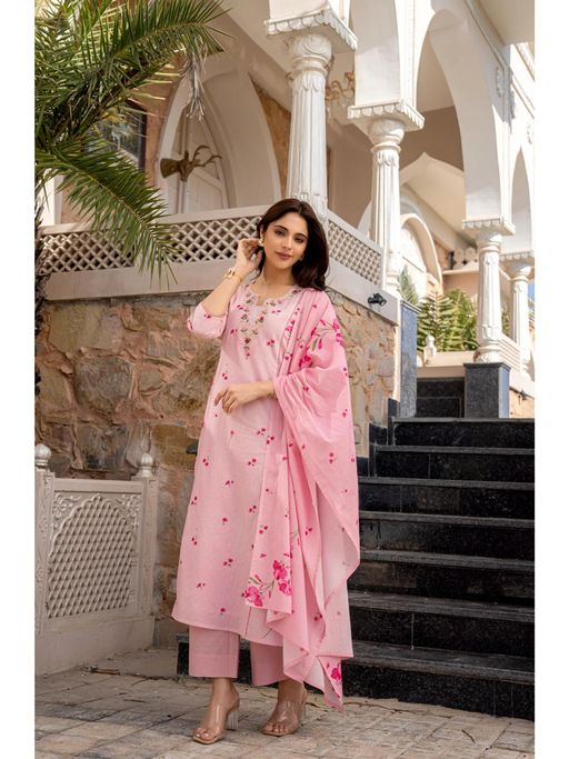 Gahan Pink Printed Chanderi Straight Kurta with Pant & Dupatta