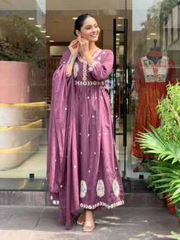 Gahan - Purple Embroidered Chanderi Anarkali Kurta with Pant & Dupatta