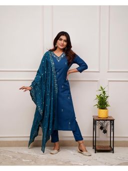 Gahan - TeaL Embroidered Chanderi Straight Kurta with Pant & Dupatta
