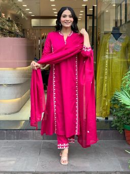 Gahan - Pink Embroidered Chanderi Flared Kurta with Pant & Dupatta