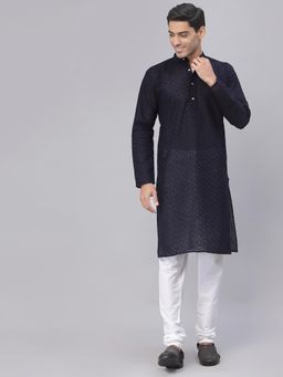 NEUDIS - Men Navy Blue Cotton Chikankari Straight Kurta