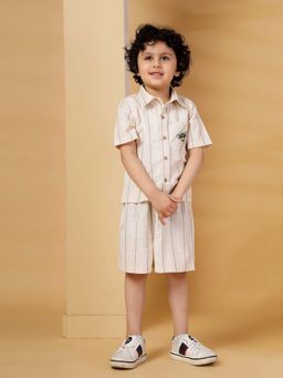 Budding Bees - Beige Stripes Comfortable Fit Shirt and Shorts (Set of 2)