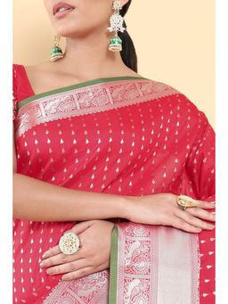 Soch - Women Red Silk Woven Saree with Unstitched Blouse