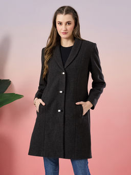 Latin Quarters - Women's Black Solid Full Sleeve Collar Neck Casual Overcoat