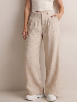 Outzidr - Beige Front Pleated Wide Leg Trouser