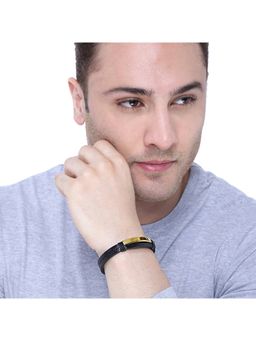 Yellow Chimes - Men Gold-Toned & Black Leather Wraparound Bracelet