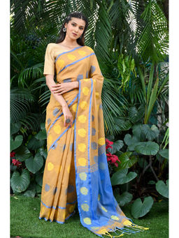 Beatitude - Yellow Handloom Cotton Silk Saree with Unstitched Blouse