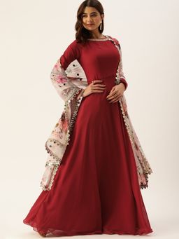 Ethnovog - Ready To Wear Maroon N Multi-coloured Floor Length Anarkali Suit (Set of 3)
