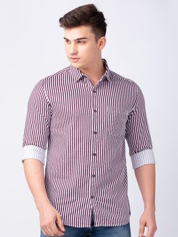 Spykar - Men Wine Red Cotton Slim Fit Striped Shirt