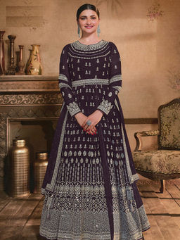 Odette - Purple Georgette Heavy Embroidered Semi Stitched Dress Material (Set of 3)