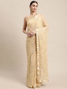VAIRAGEE - Cream-Coloured Floral Sequined Saree with Unstitched Blouse