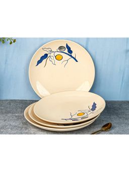 BODHI HOUSE - Feather Off White Handpainted 4 Pieces Dinner Plates, Microwave and Dishwasher Safe