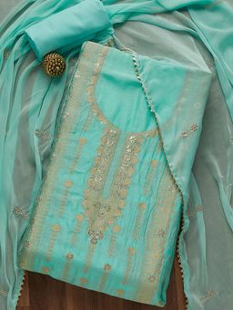 Koskii - Sky Blue Zariwork Art Silk Unstitched Salwar Suit (Set of Three)