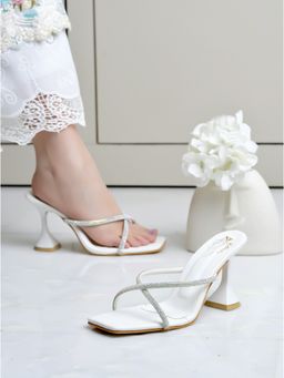 Shoetopia - Upper Embellished Strap White Heels for Girls