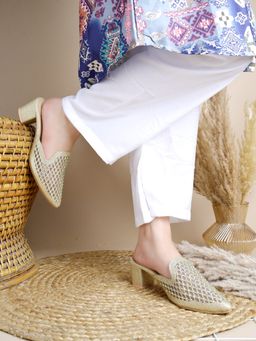 Shoetopia - Embellished Golden Mules Heels for Girls