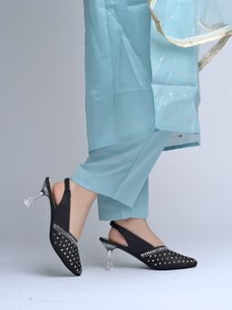 Shoetopia - Pointed Toe Embellished Black Sandal Heels for Girls