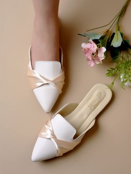 Shoetopia - Solid Pointed Toe Cream Flat Mules for Girls