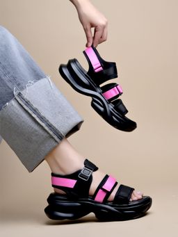 Shoetopia - Smart Casual Black & Pink Sporty Sandals For Girls