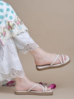 Shoetopia - Cross Strap Cream Flats For Girls