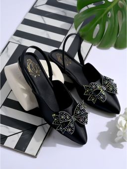Shoetopia - Embellished Rhinestone Bow Detailed Black Sandals For Girls