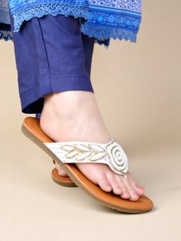 Shoetopia - Classy Beadwork Embellished White Flats For Girls