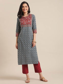 Varanga - Women Blue Printed Round Neck Straight Kurta 3/4Th Regular Sleeves