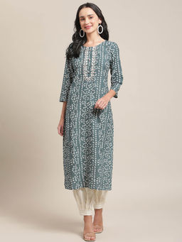 Varanga - Grey Round Neckline Bandhani Printed Straight Kurta with Embroidery and 3/4Th Sleeves
