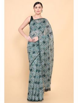 Soch - Women Blue Chanderi Printed Saree with Unstitched Blouse