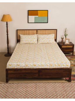 Fabindia - Yellow Shahzaib Cotton Printed Bed Sheet with 2 Pillow Covers