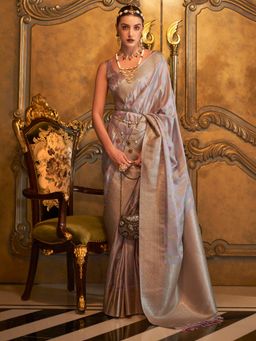 Akhilam - Women's Silk Blend Grey Woven Designer Saree with Unstitched Blouse