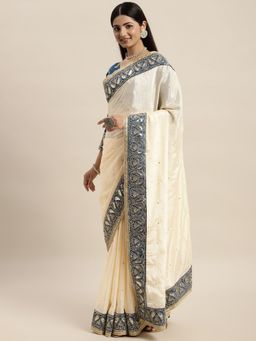 VAIRAGEE - Beige Embellished Sequinned Work Celebrity Saree with Unstitched Blouse