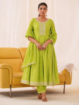 Gahan - Lime Green Embroidered Anarkali Kurta with Pant & Dupatta