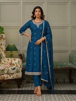 Gahan - Teal Floral Neck Embroidery Anarkali Kurta with Pant & Dupatta