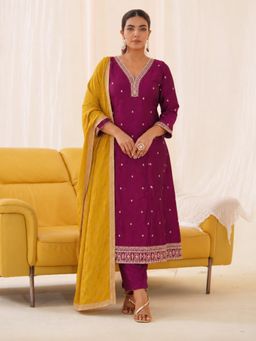 Gahan - Wine Contrast Embroidered Anarkali Kurta with Pant & Dupatta