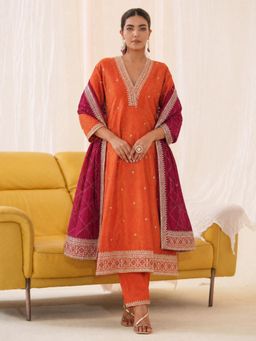 Gahan - Orange Contrast Embroidered Anarkali Kurta with Pant & Dupatta