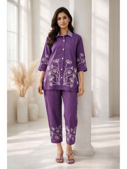 Autumnlane - Women Floral Embroidered Co-Ord Set- Purple