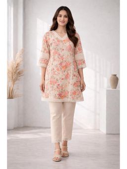 Autumnlane - Women Surbhi Floral Printed Kurti with Pant- Cream