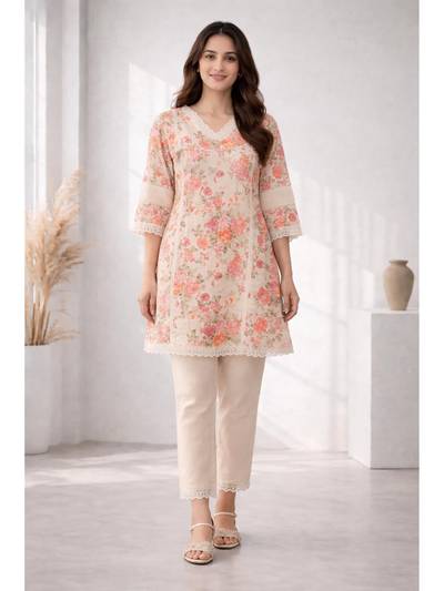 Women Surbhi Floral Printed Kurti with Pant- Cream