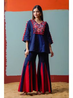 Autumnlane - Women Floral Embroidered 1 Kurti, 1 Sharara- Blue