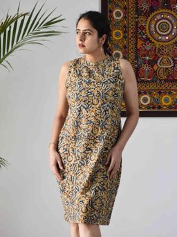 Sundarii - Coral - Blue Kalamkari Hand block Printed Sheath Dress