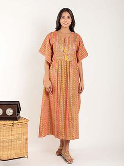 EKOHUM - Peach Yellow Ethnic Motifs Printed Kaftan