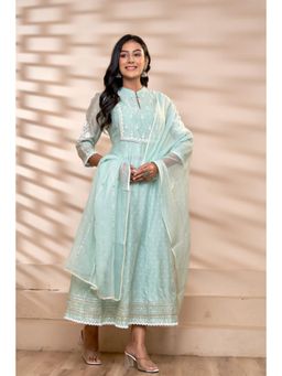EKOHUM - Chanderi Green Dress with Dupatta